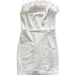 White Strapless Dress with Feather Trim Small
